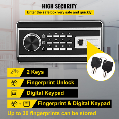 VEVOR Safe Box, 2.1 CU.FT Fingerprint Safe Box for Money w/ 2 Keys & Digital Keypad, Q235 Steel Safe Box for Storing Cash, Jewelry, Pistols, Documents, Watches in Home & Office & Hotel