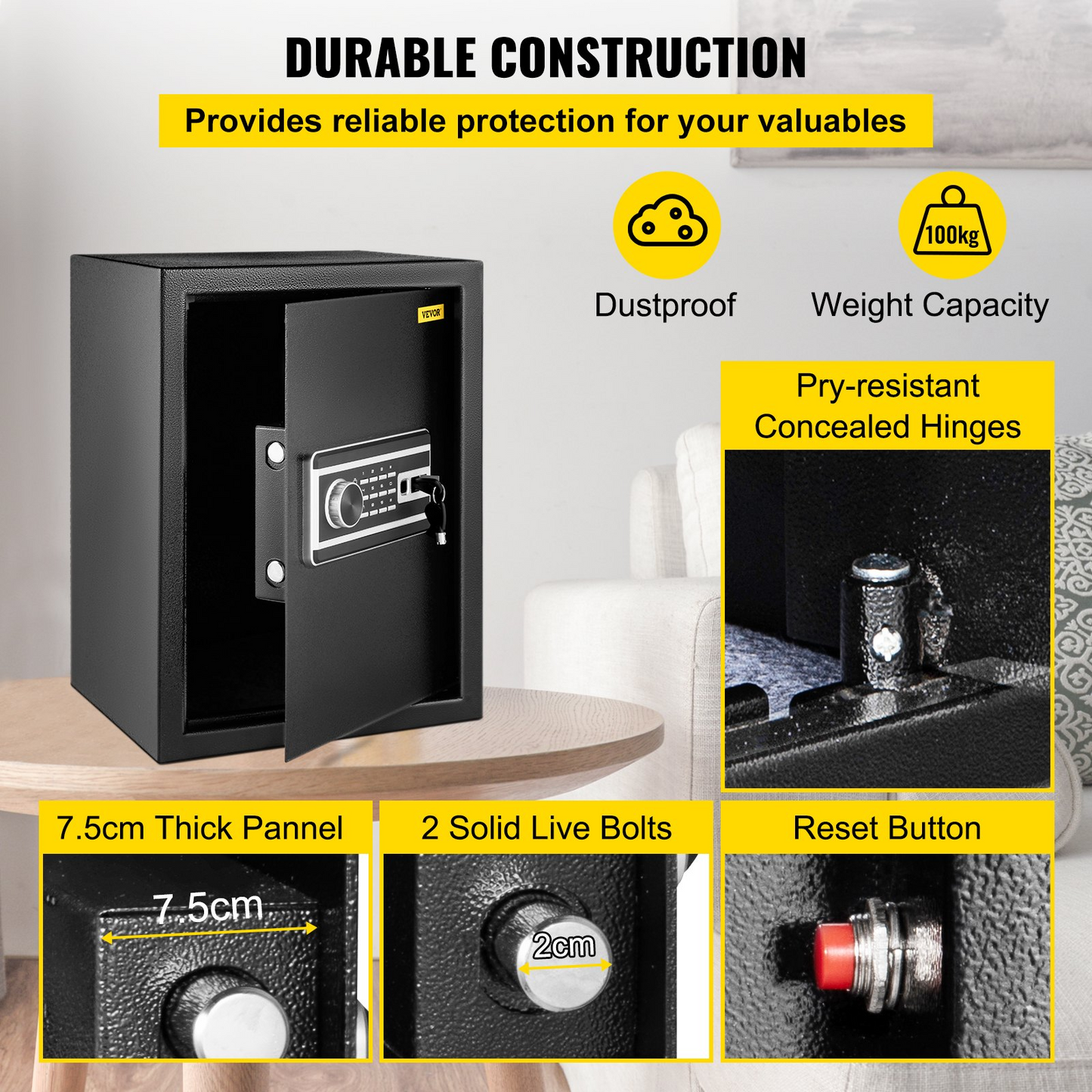 VEVOR Safe Box, 2,1 CU.FT Fingerprint Safe Box för pengar med 2 nycklar &amp; digital knappsats, Q235 stål kassaskåp för förvaring av kontanter, smycken, pistoler, dokument, klockor i hem &amp; kontor och hotell