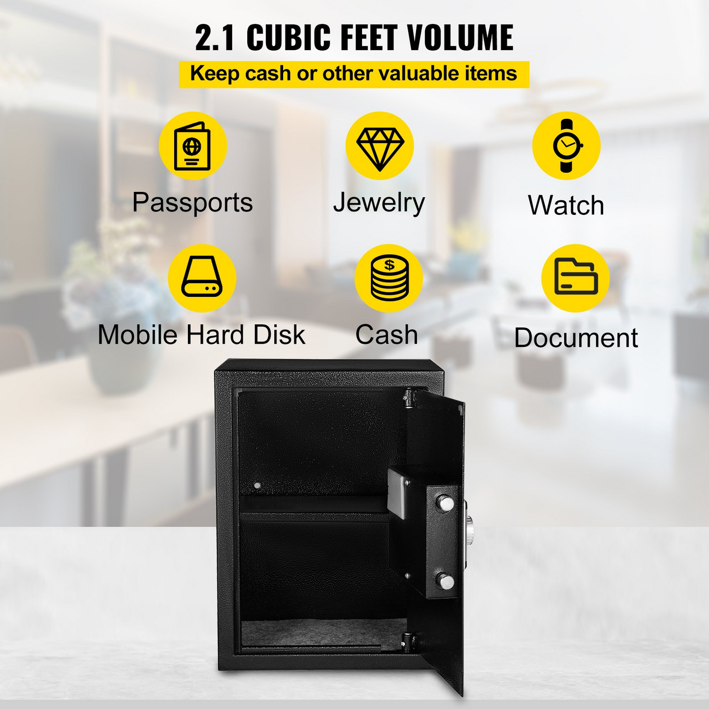 VEVOR Safe Box, 2,1 CU.FT Fingerprint Safe Box för pengar med 2 nycklar &amp; digital knappsats, Q235 stål kassaskåp för förvaring av kontanter, smycken, pistoler, dokument, klockor i hem &amp; kontor och hotell