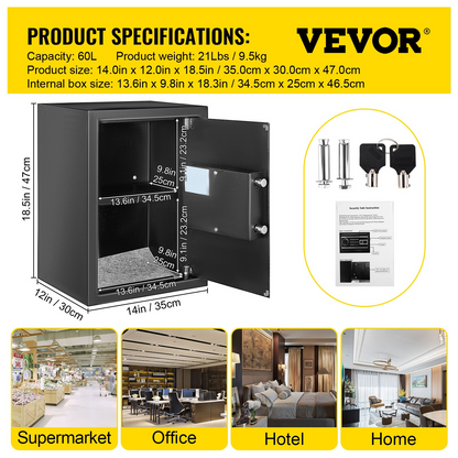 VEVOR Safe Box, 2,1 CU.FT Fingerprint Safe Box för pengar med 2 nycklar &amp; digital knappsats, Q235 stål kassaskåp för förvaring av kontanter, smycken, pistoler, dokument, klockor i hem &amp; kontor och hotell