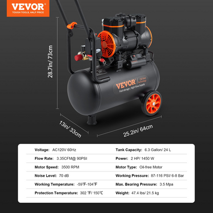 VEVOR luftkompressor 6,3 gallon 1450W 3,35 CFM@ 90PSI 70 dB Ultra Tyst oljefri