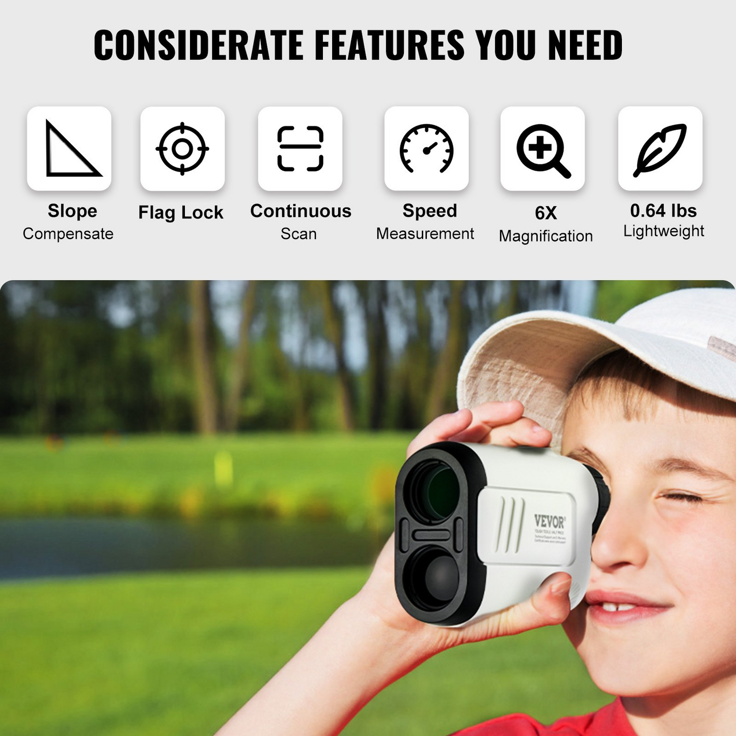 VEVOR Golf Rangefinder, 650 Yards Laser Golfing Hunting Range Finder, 6X Magnification Distance Measuring, Golfing Accessory with High-Precision Flag Lock, Slope Switch, Continuous Scan, and Batteries