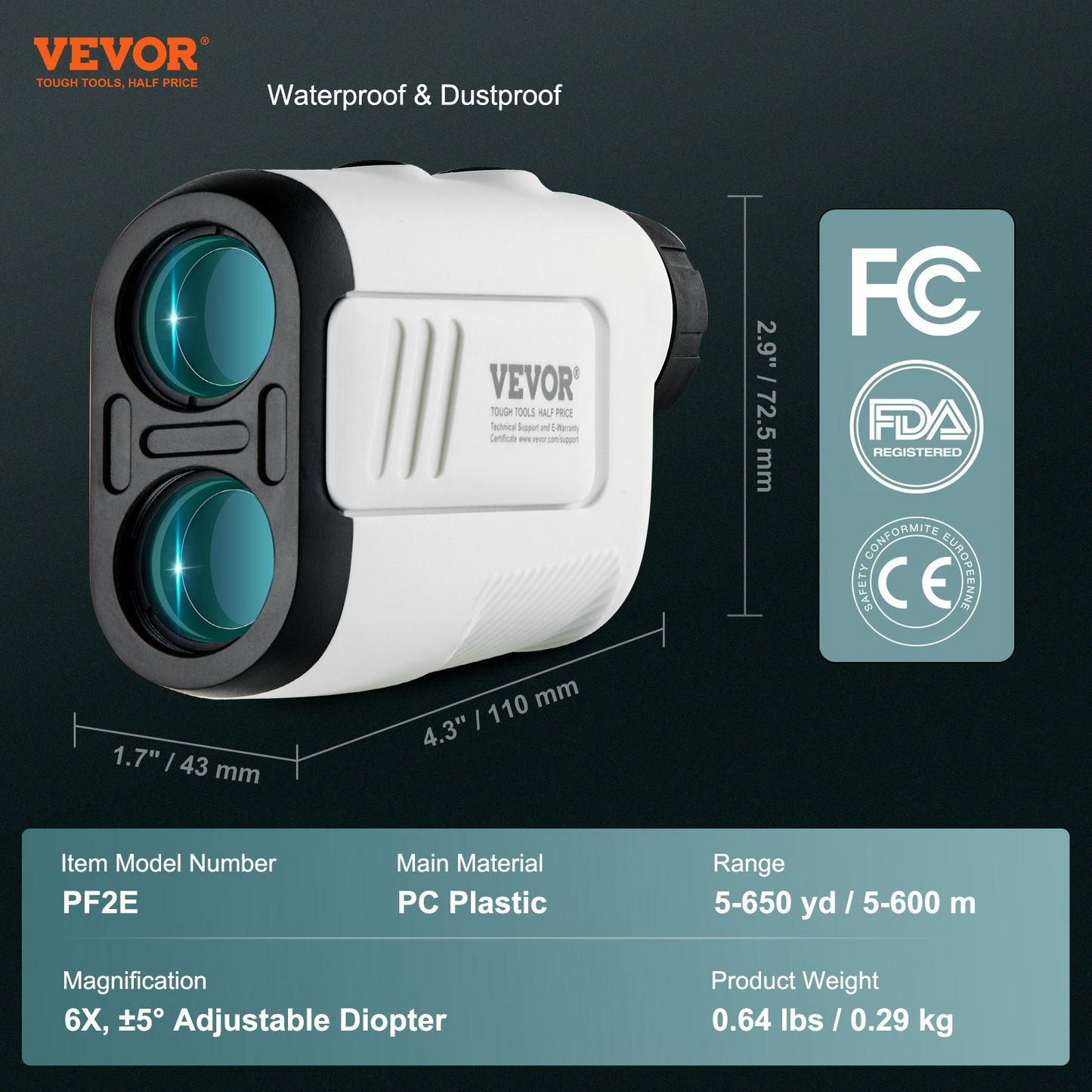 VEVOR Golf Rangefinder, 650 Yards Laser Golfing Hunting Range Finder, 6X Magnification Distance Measuring, Golfing Accessory with High-Precision Flag Lock, Slope Switch, Continuous Scan, and Batteries