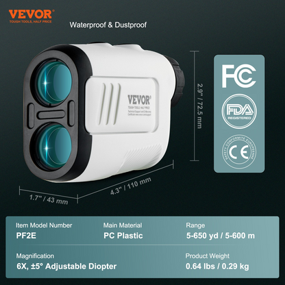 VEVOR golfavståndsmätare, 650 yards lasergolfjaktavståndsmätare, 6X förstoringsavståndsmätning, golftillbehör med högprecisionsflagglås, lutningsbrytare, kontinuerlig skanning och batterier