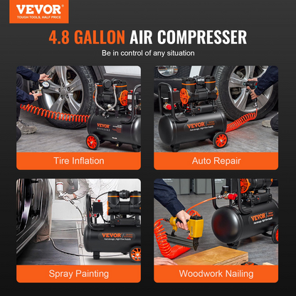 VEVOR Air Compressor 4.8 Gallon 900W 2.2 CFM@ 90PSI 70 dB Ultra Quiet Oil Free