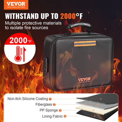 VEVOR Fireproof Document Box, Fireproof Document Bag with Lock 2000℉, 3-layer Fireproof and Waterproof File Box 14.17x10.63x4.13 inch with Zipper, for Money, Documents, Jewelry and Passport