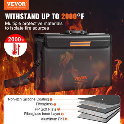 VEVOR Fireproof Document Box, Fireproof Document Bag  2000℉, 3-layer Folding Fireproof and Waterproof File Box 15.35x12.4x13.98 inch with Zipper, for Money, Documents, Jewelry and Passport