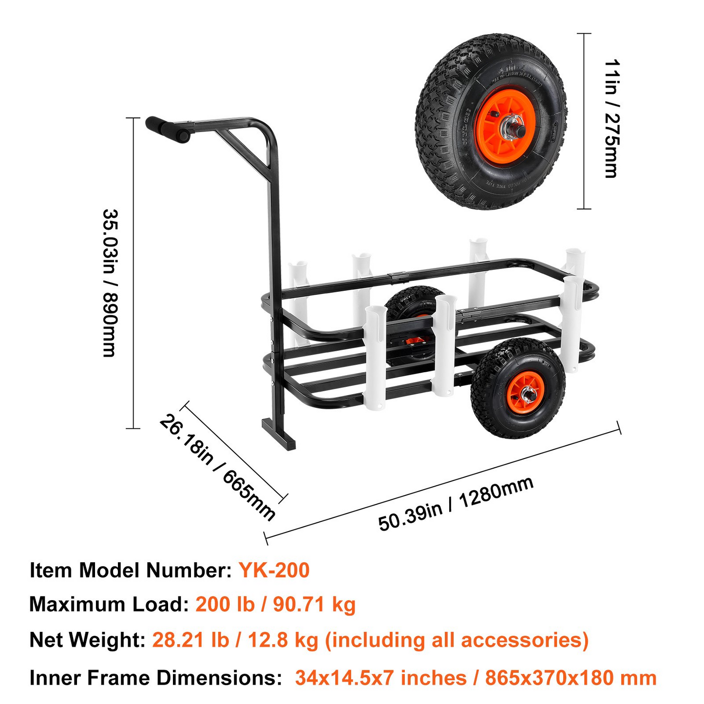 VEVOR Beach Fishing Cart, 200 lbs Load Capacity, Fish and Marine Cart with Two 11" Big Wheels Rubber Balloon Tires for Sand, Heavy-Duty Steel Pier Wagon Trolley with 7 Rod Holders for Fishing, Picnic