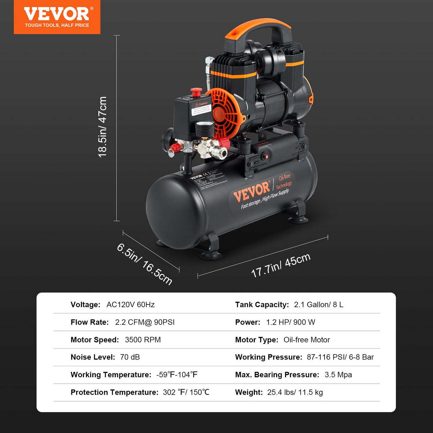 VEVOR Air Compressor 2.1 Gallon 900W 2.2 CFM@ 90PSI 70 dB Ultra Quiet Oil Free