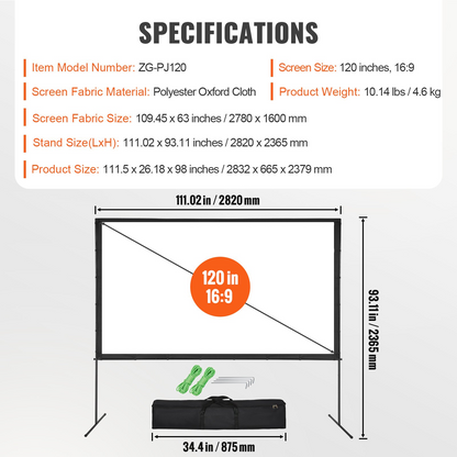 VEVOR Projector Screen with Stand, 120 inch 16:9 4K 1080 HD Outdoor Movie Screen with Stand, Wrinkle-Free Projection Screen with Bar Feet and Carry Bag, for Home Theater Cinema Backyard Movie Night