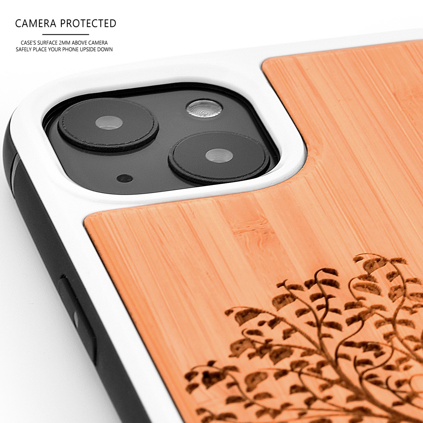 iPhone 13 Mini bamboo wood case tree engraved backside with TPU bumper