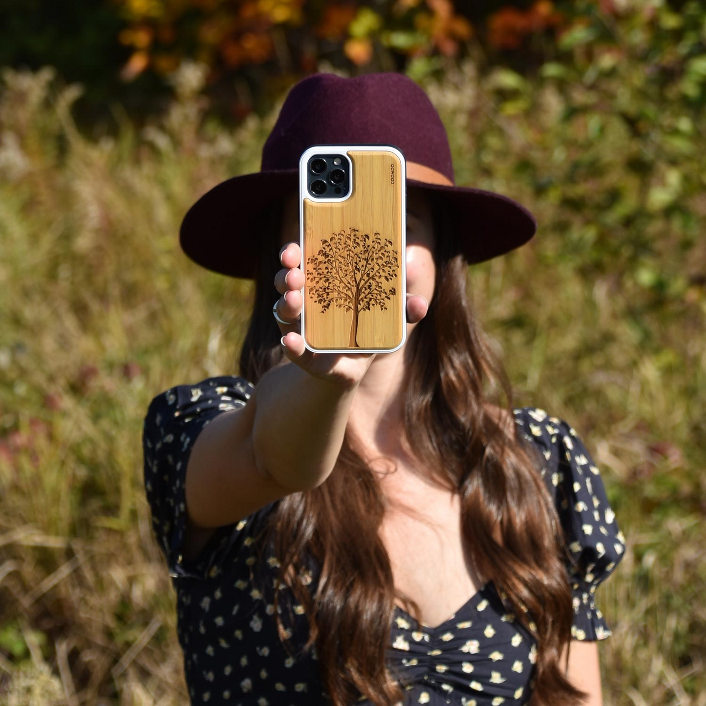 iPhone 13 Mini bamboo wood case tree engraved backside with TPU bumper