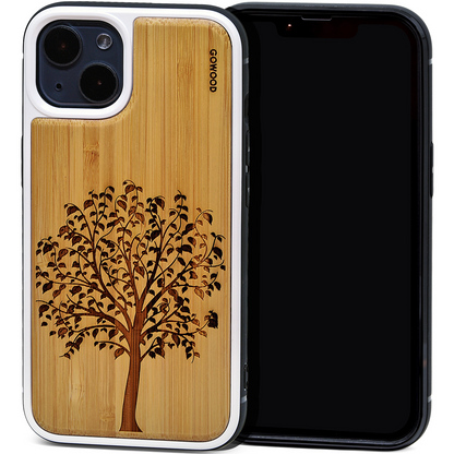 iPhone 13 Mini bamboo wood case tree engraved backside with TPU bumper