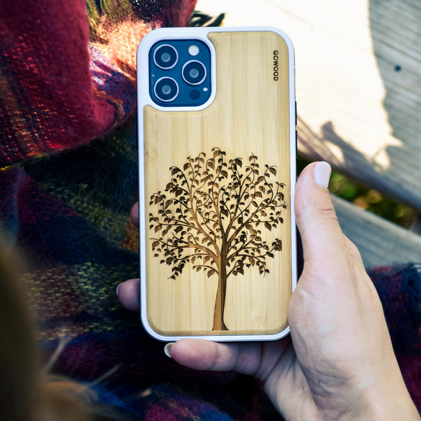 iPhone 13 Mini bamboo wood case tree engraved backside with TPU bumper