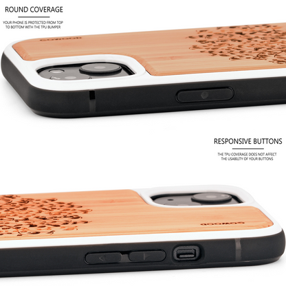 iPhone 13 Mini bamboo wood case tree engraved backside with TPU bumper