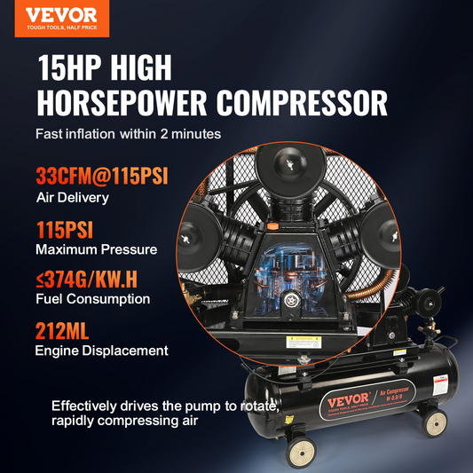 VEVOR 15HP Gas Powered Air Compressor, 30 Gallon Horizontal Air Compressor Tank, 33CFM@115PSI Gas Driven Piston Pump Air Compressed System with 115PSI Max Pressure for Construction Sites Workshop