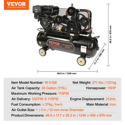 VEVOR 15HP Gas Powered Air Compressor, 30 Gallon Horizontal Air Compressor Tank, 33CFM@115PSI Gas Driven Piston Pump Air Compressed System with 115PSI Max Pressure for Construction Sites Workshop