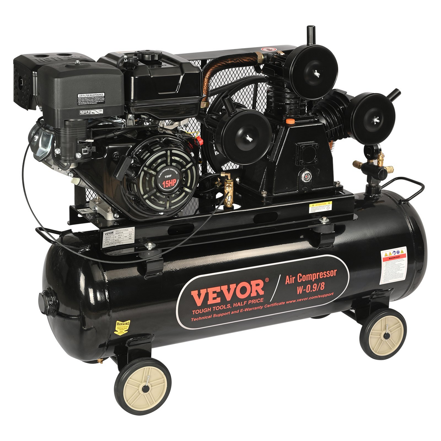 VEVOR 15HP Gas Powered Air Compressor, 30 Gallon Horizontal Air Compressor Tank, 33CFM@115PSI Gas Driven Piston Pump Air Compressed System with 115PSI Max Pressure for Construction Sites Workshop