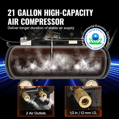 VEVOR 7HP Gas Powered Air Compressor, 21 Gallon Horizontal Air Compressor Tank, 9CFM@115PSI Gas Driven Piston Pump Air Compressed System with 115PSI Max Pressure for Construction Sites Workshop