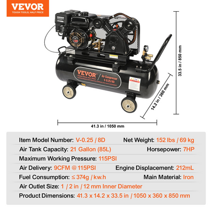 VEVOR 7HP Gas Powered Air Compressor, 21 Gallon Horizontal Air Compressor Tank, 9CFM@115PSI Gas Driven Piston Pump Air Compressed System with 115PSI Max Pressure for Construction Sites Workshop