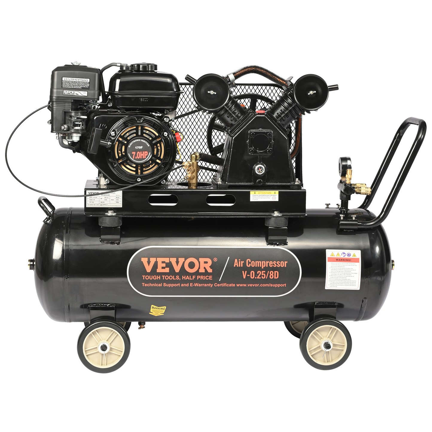 VEVOR 7HP Gas Powered Air Compressor, 21 Gallon Horizontal Air Compressor Tank, 9CFM@115PSI Gas Driven Piston Pump Air Compressed System with 115PSI Max Pressure for Construction Sites Workshop