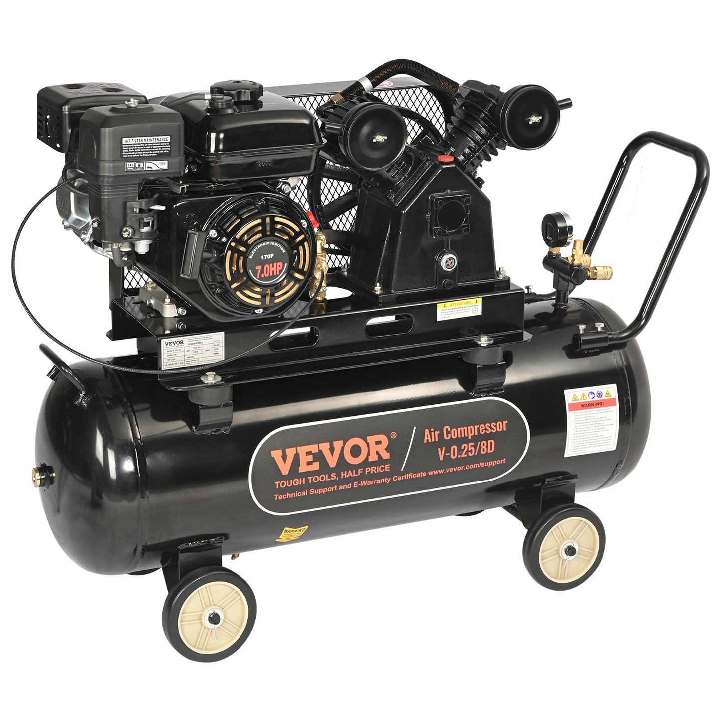 VEVOR 7HP Gas Powered Air Compressor, 21 Gallon Horizontal Air Compressor Tank, 9CFM@115PSI Gas Driven Piston Pump Air Compressed System with 115PSI Max Pressure for Construction Sites Workshop