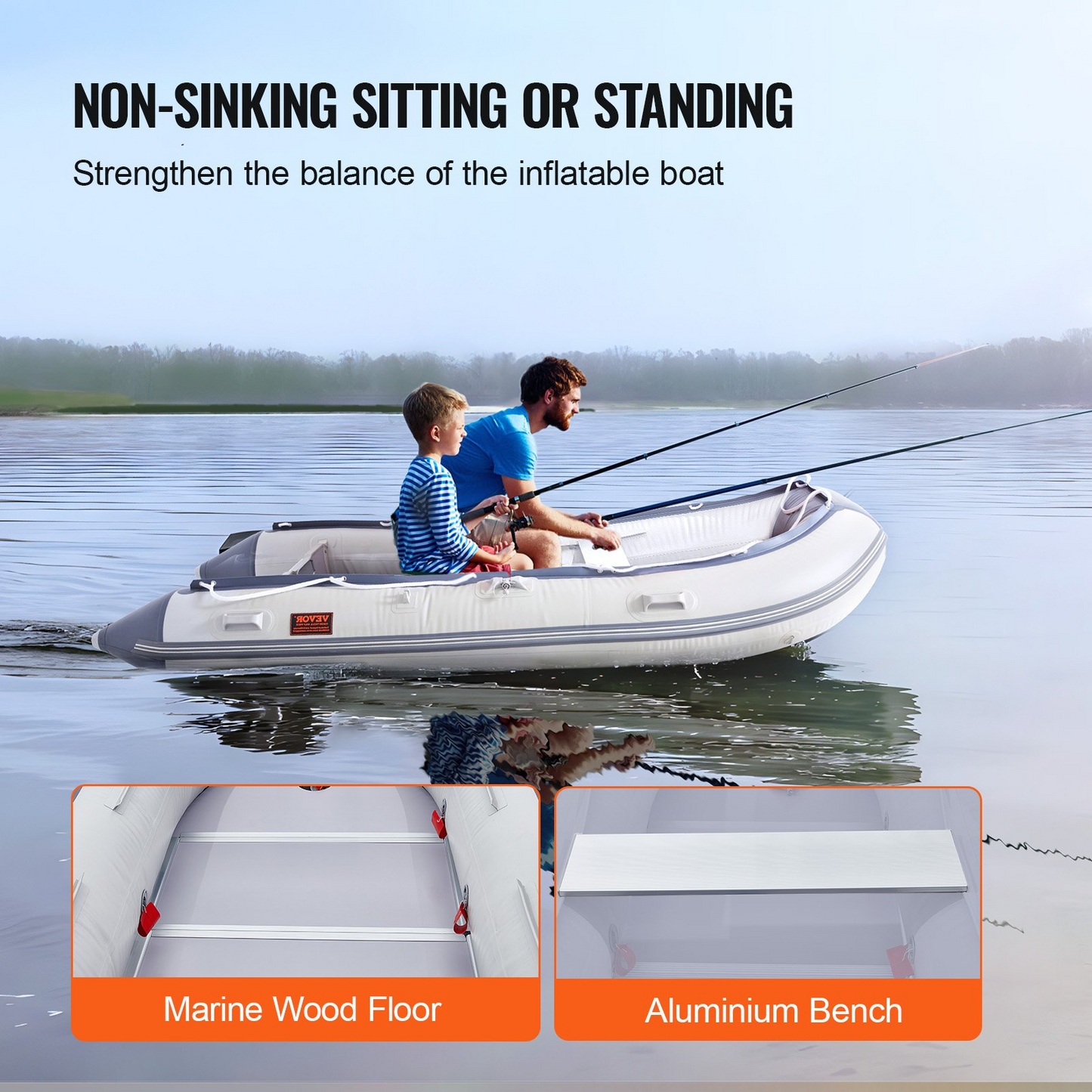 VEVOR Inflatable Dinghy Boat, 6-Person Transom Sport Tender Boat, with Marine Wood Floor and Adjustable Aluminum Bench, 1500 lbs Inflatable Fishing Boat Raft, Aluminum Oars, Air Pump, and Carry Bag