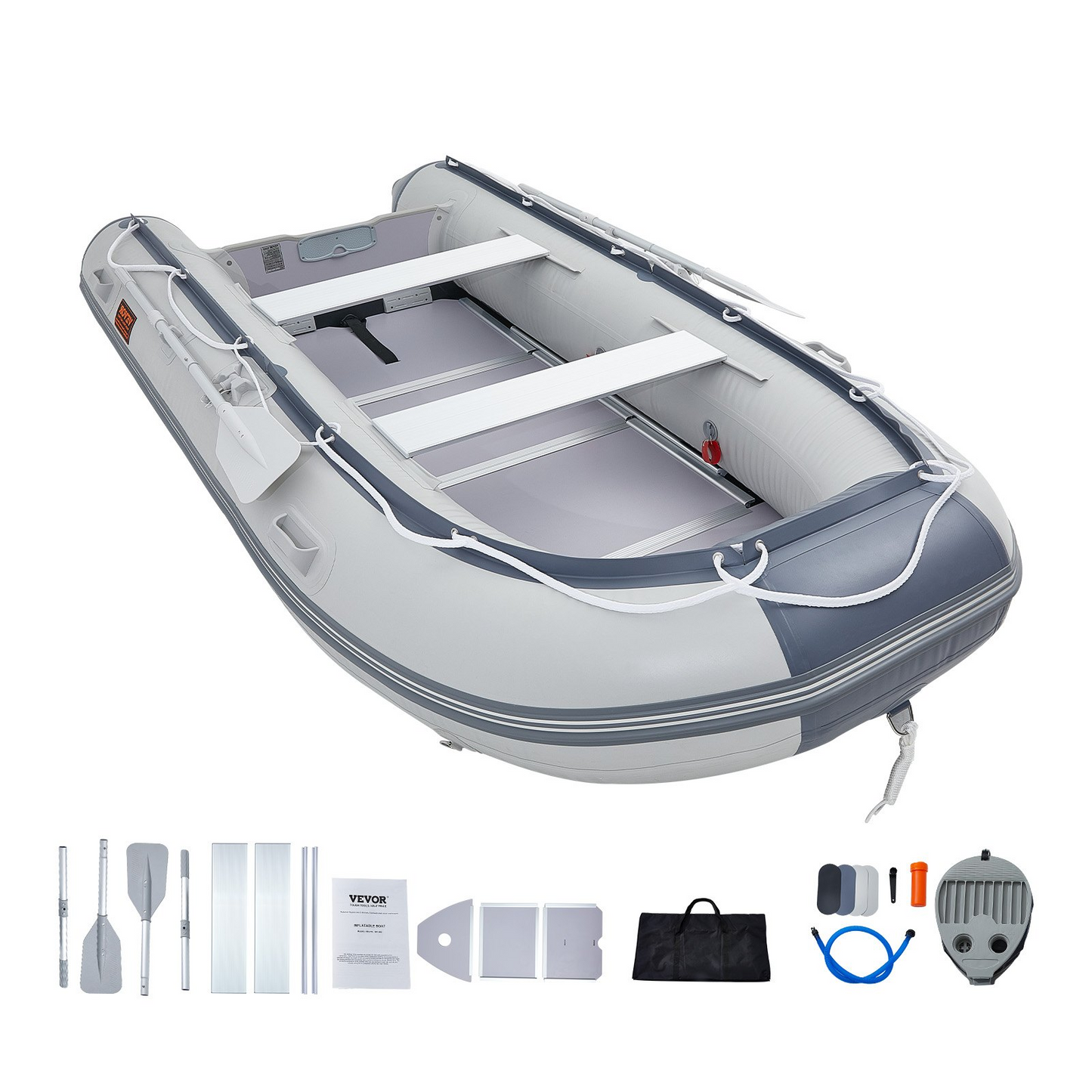 VEVOR Inflatable Dinghy Boat, 6-Person Transom Sport Tender Boat, with Marine Wood Floor and Adjustable Aluminum Bench, 1500 lbs Inflatable Fishing Boat Raft, Aluminum Oars, Air Pump, and Carry Bag