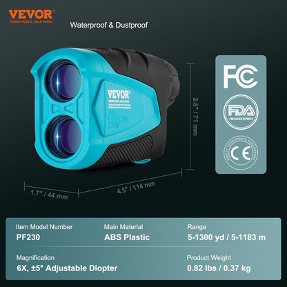 VEVOR Golf Rangefinder, 1300 Yards Laser Golfing Hunting Range Finder, 6X Magnification Distance Measuring, Golfing Accessory with External Magnet Mount, High-Precision Flag Lock, Slope, and Batteries