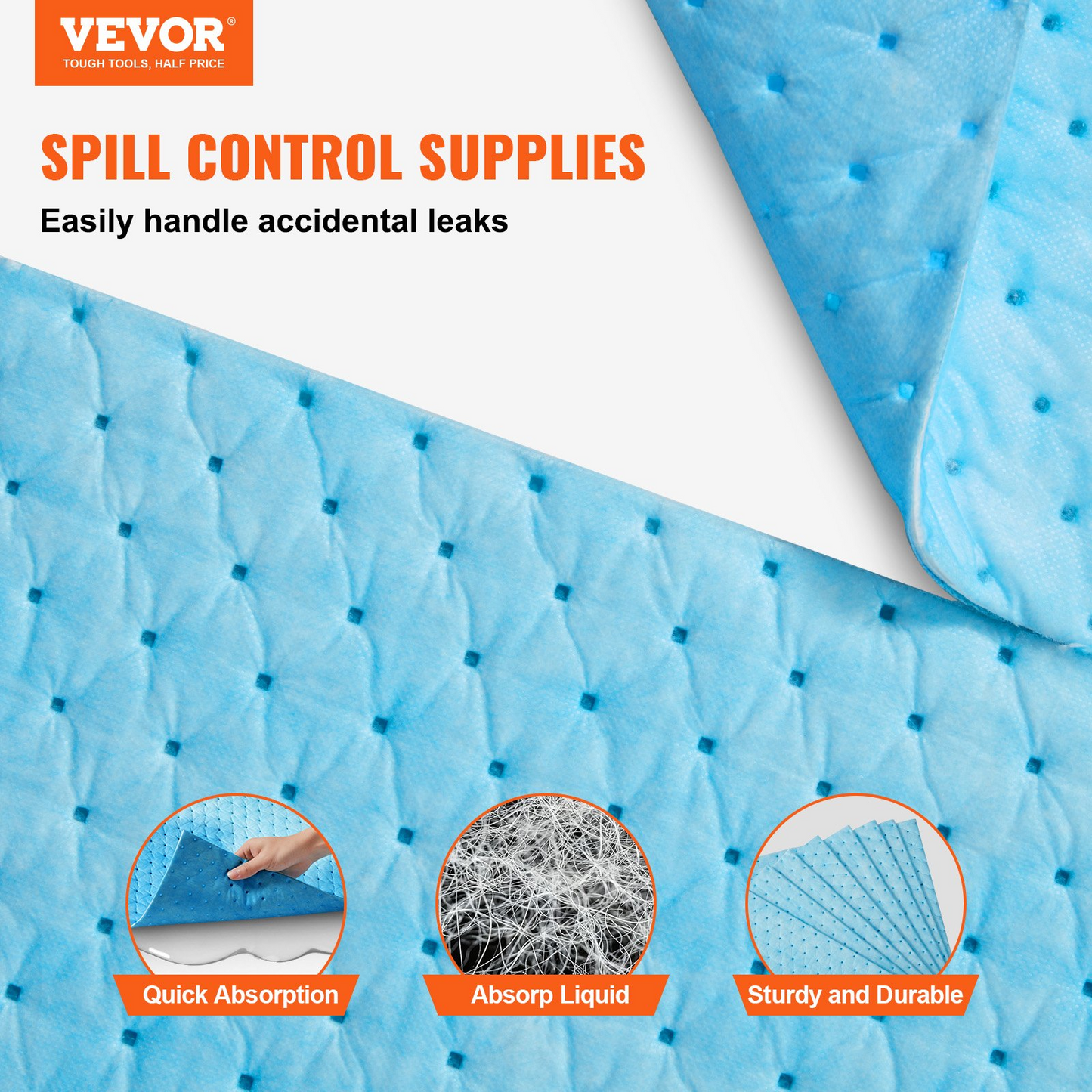 VEVOR Spill Absorbent Pads, Water Absorbing Mat Pad in Dispenser Box, 6 Gal Capacity, 15" L x19" W Polypropylene Absorbent Pad for Water, 30 pcs per Box