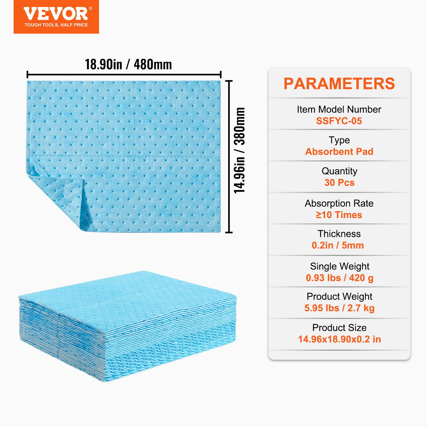 VEVOR Spill Absorbent Pads, Water Absorbing Mat Pad in Dispenser Box, 6 Gal Capacity, 15" L x19" W Polypropylene Absorbent Pad for Water, 30 pcs per Box