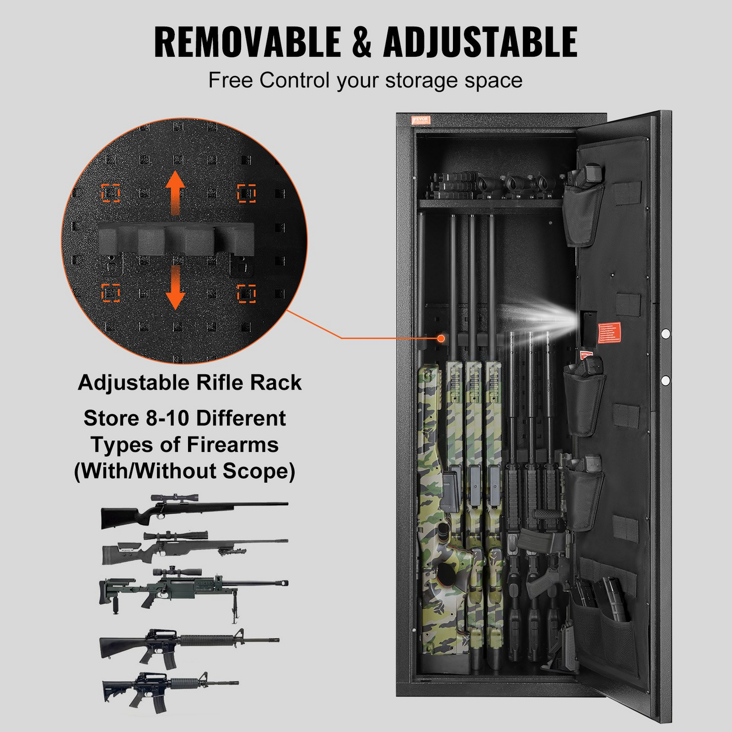 VEVOR 8-10 Rifles Gun Safe, Rifle Safe with Lock & Digital Keypad, Quick Access Tall Gun Storage Cabinet with Removable Shelf, Rifle Cabinet for Home Rifle and Shotguns