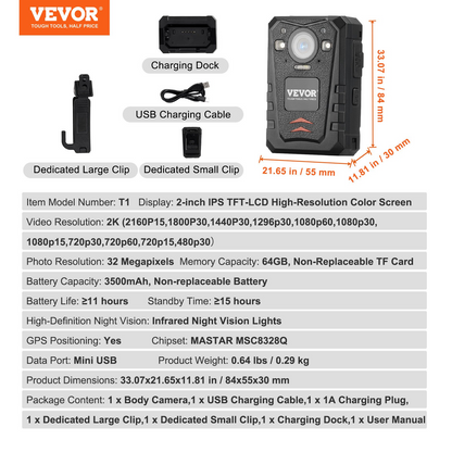 VEVOR 1440P HD Police Body Camera, 64GB Body Cam med Audio Video Recording Picture, Inbyggt 3500 mAh batteri, 2,0" LCD, Infrarött Night Vision, Vattentät GPS Personal Body Cam för brottsbekämpning