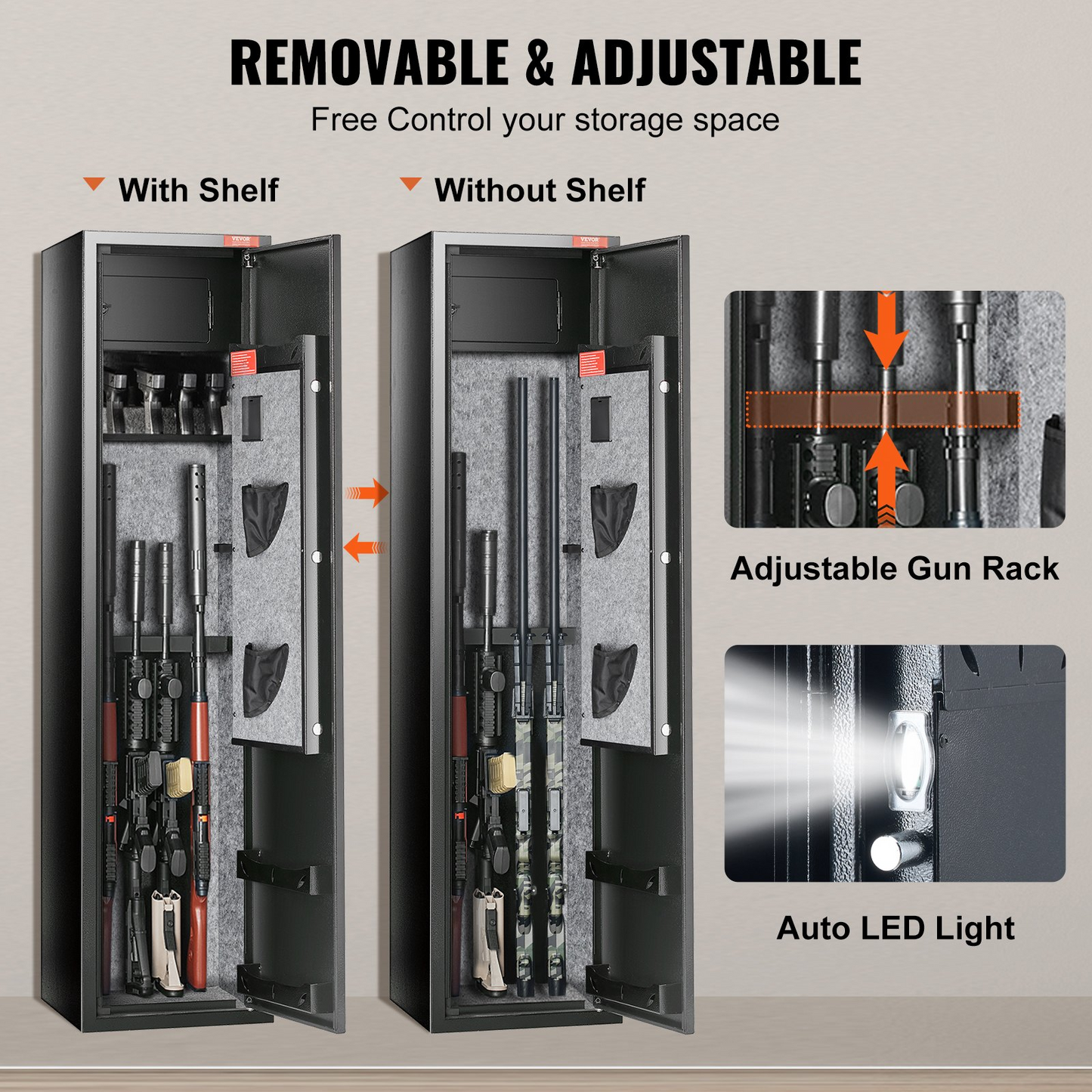 VEVOR 6 Rifles Gun Safe, Rifle Safe with Fingerprint & Digital Keypad Lock, Gun Storage Cabinet for Shotguns with Built-in Storage Locker, Removable Storage Shelf for Home Long Gun and Pistols