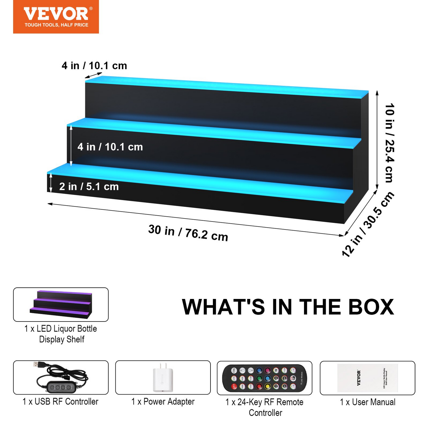 VEVOR LED-upplyst spritflaska Display Bar Hylla RF &amp; App Control 30" 3-steg