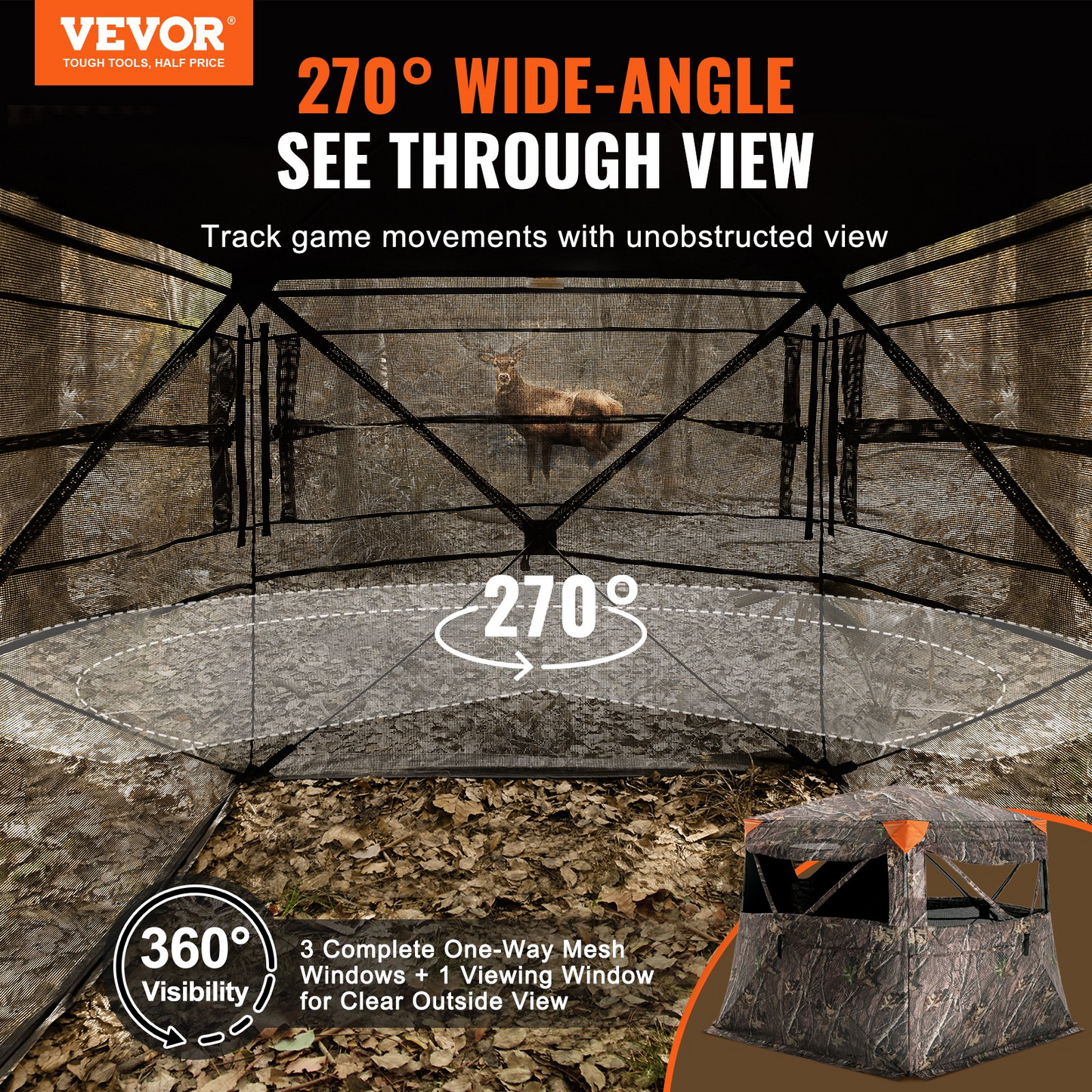 VEVOR Hunting Blind, 270° See Through Ground Blind, 4-5 Person Pop Up Deer Blind for Hunting with Carrying Bag, Portable Resilient Hunting Tent, One-Way See-Through Mesh for Turkey and Deer Hunting