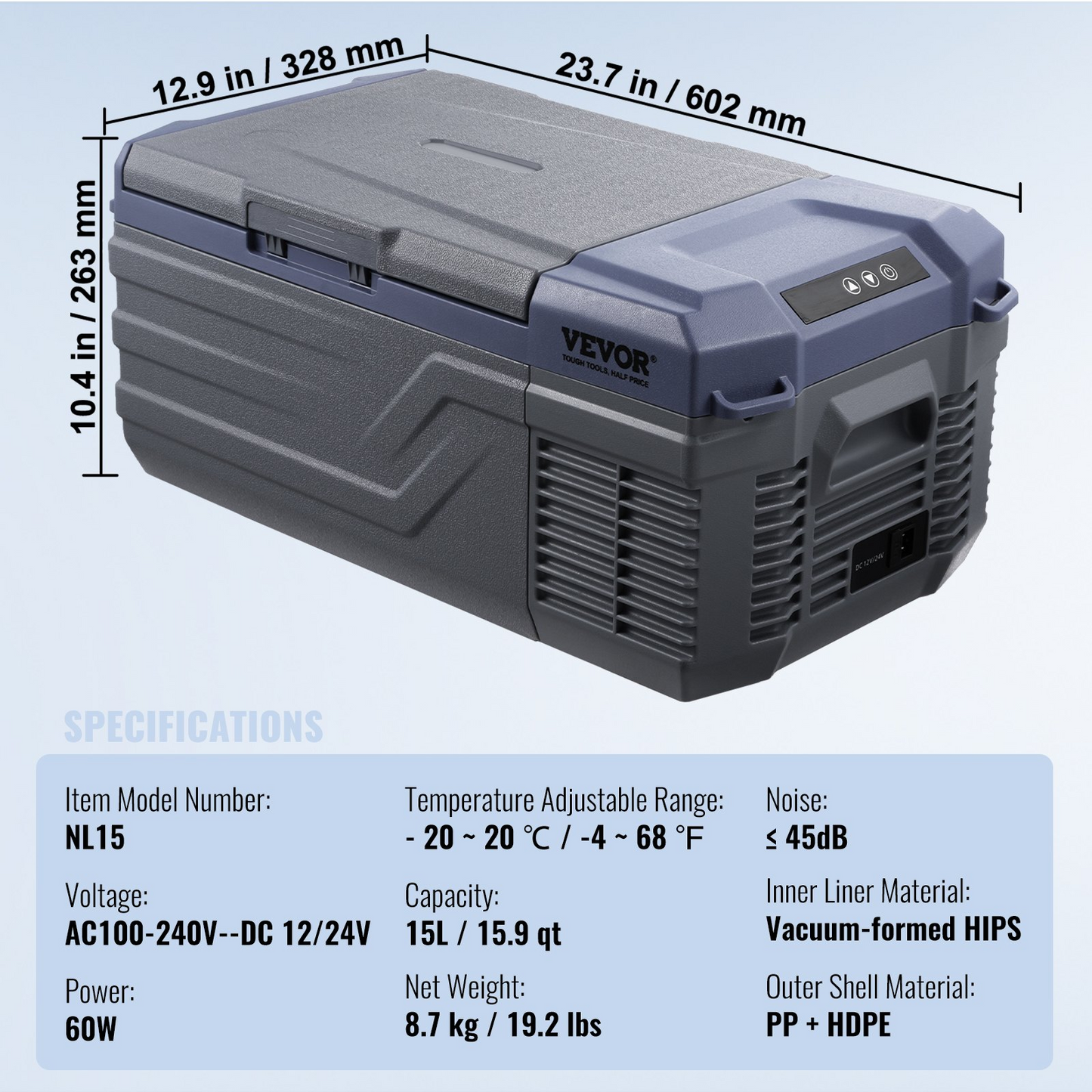 VEVOR Bärbar Bil Kylskåp Frys Kompressor 15 L Single Zone for Car Home