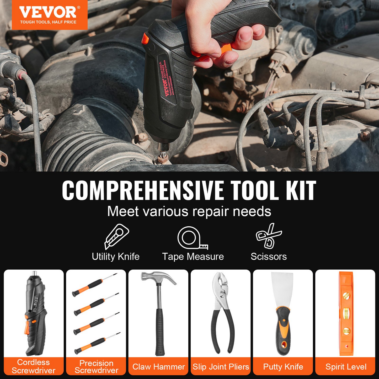 VEVOR Tool Kit 96 Piece Household Hand Tool Set Cordless Screwdriver Tool Case