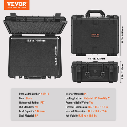 VEVOR Hard Pistol Cases with Pre-cut PU Foam, Waterproof & Dustproof Hard Gun Case for 1 Pistol, 18.9×16.3×8.5 in Lockable Pistol Case, Black