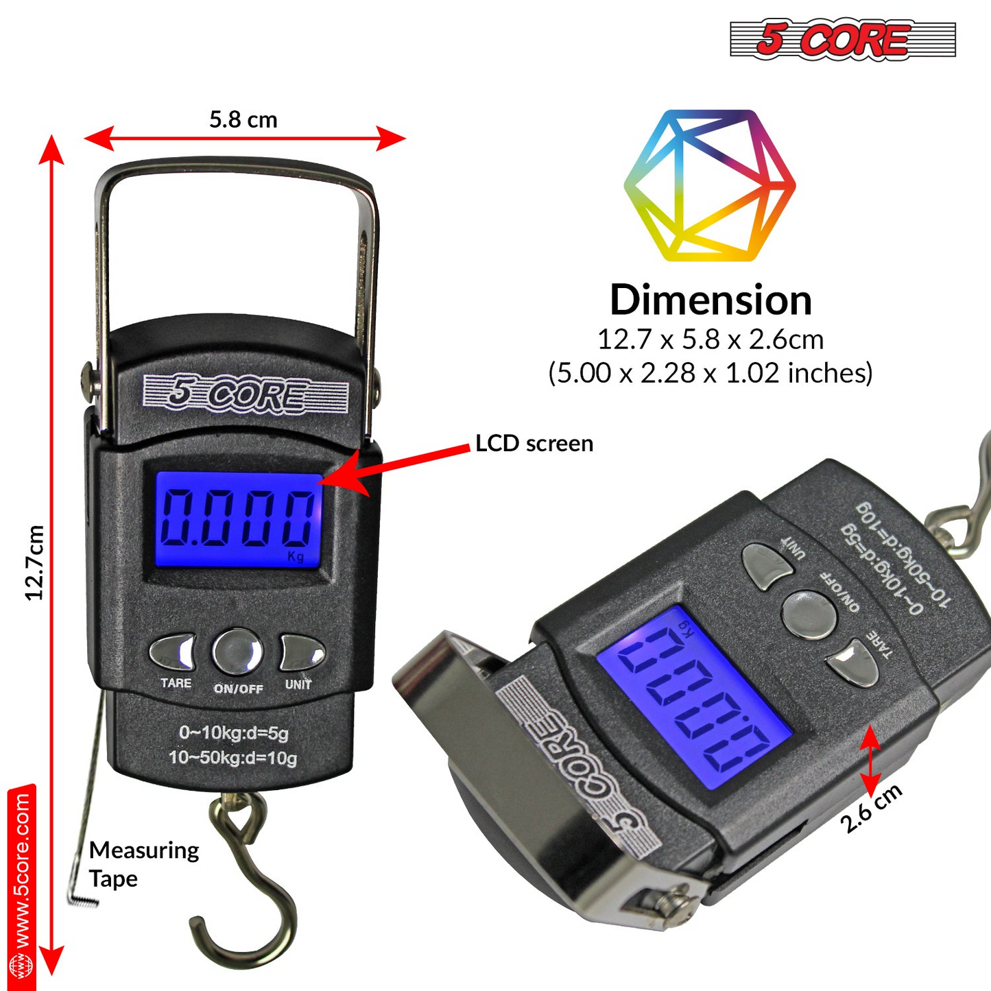 5 Core Digital Fiskevåg 110lb/50kg Hängande bagagevåg med måttband