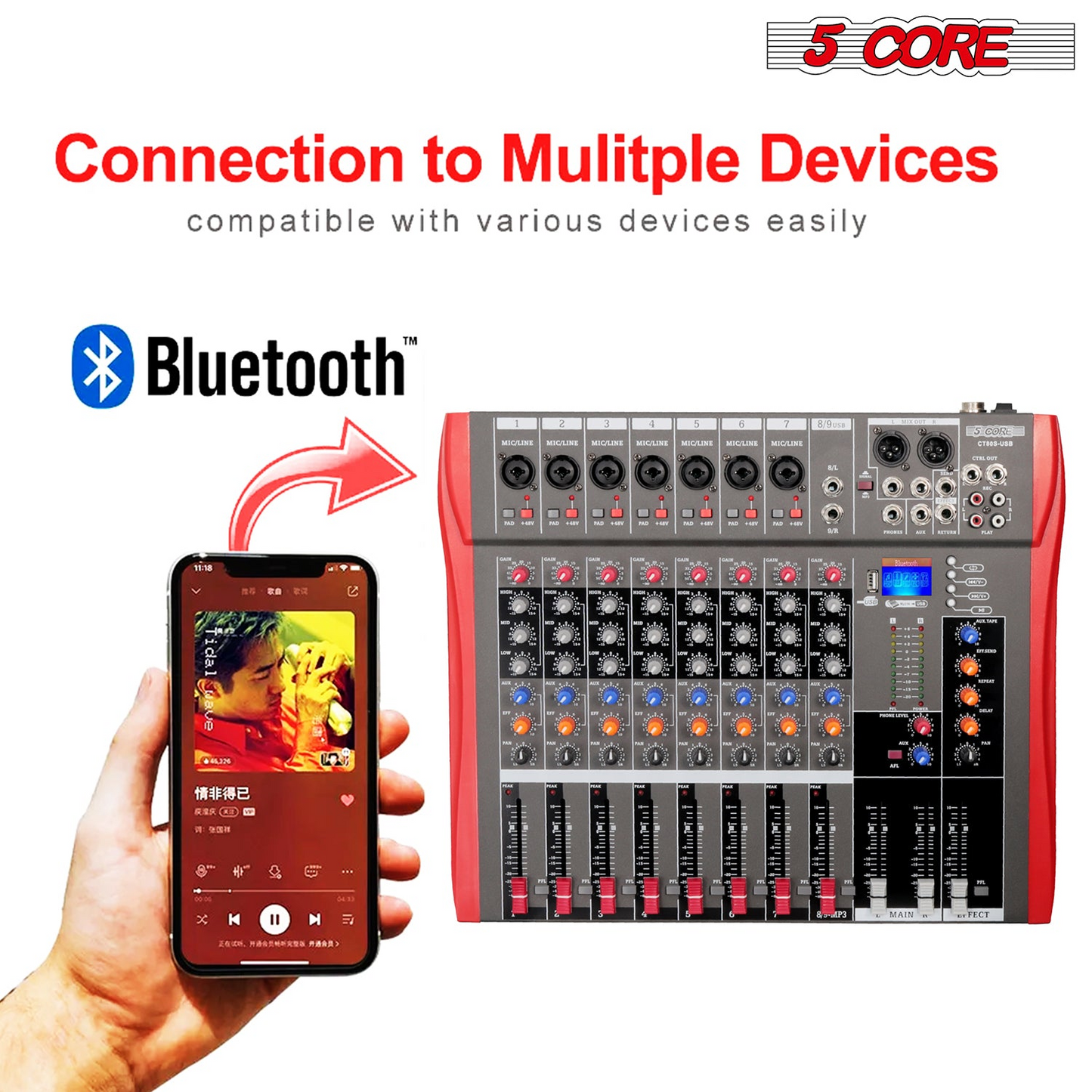 5 Core Audio Mixer 8 Channel DJ Equipment with Bluetooth USB Sound Board Console