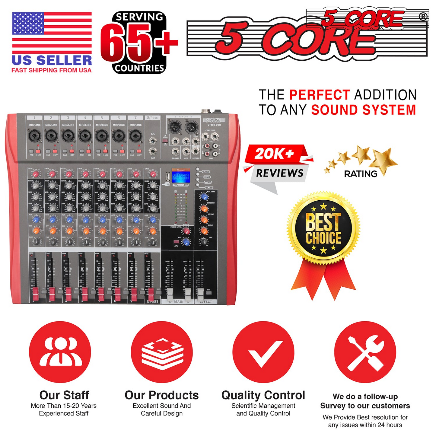 5 Core Audio Mixer 8 Channel DJ Equipment with Bluetooth USB Sound Board Console