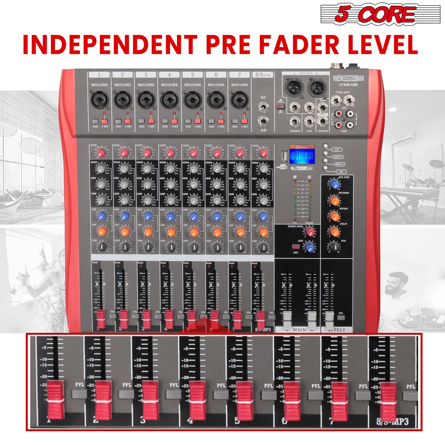 5 Core Audio Mixer 8 Channel DJ Equipment with Bluetooth USB Sound Board Console