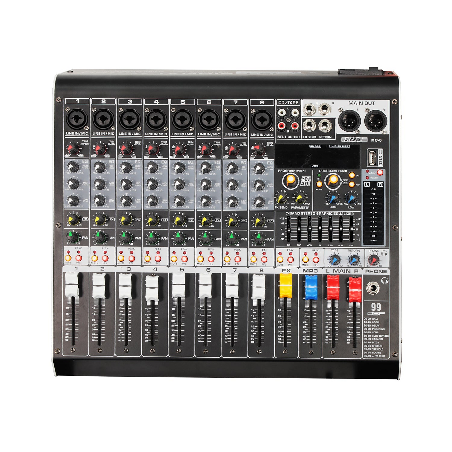 5 Core Audio Mixer 8 Channel DJ Equipment with Bluetooth USB Console Sound Board