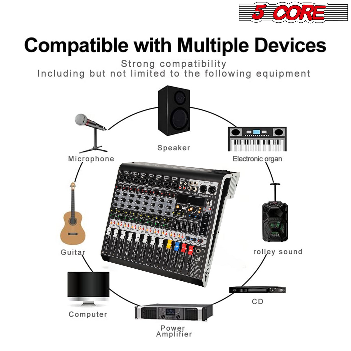 5 Core Audio Mixer 8 Channel DJ Equipment with Bluetooth USB Console Sound Board