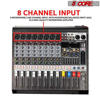 5 Core Audio Mixer 8 Channel DJ Equipment with Bluetooth USB Console Sound Board