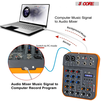 5 Core Audio Mixer 4 Channel DJ Equipment with Bluetooth USB Sound Board Console