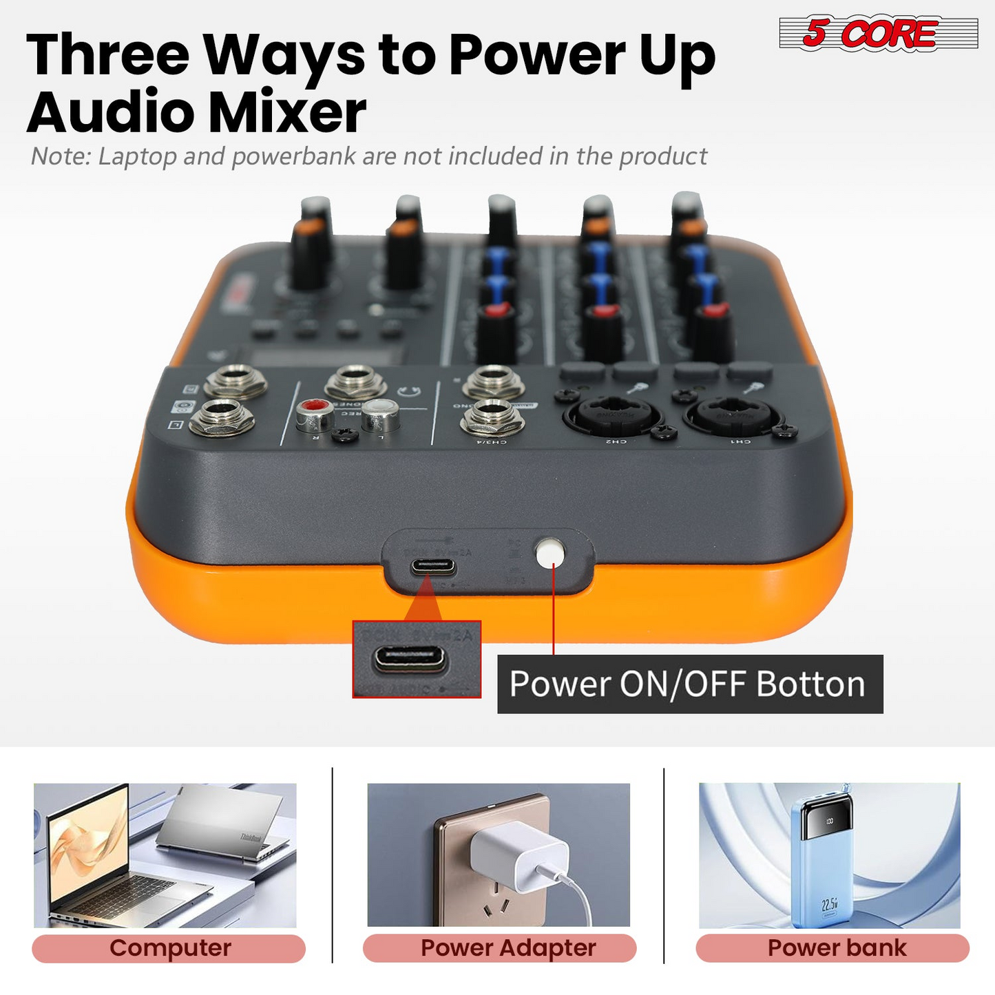 5 Core Audio Mixer 4-kanals DJ-utrustning med Bluetooth USB-ljudkortskonsol