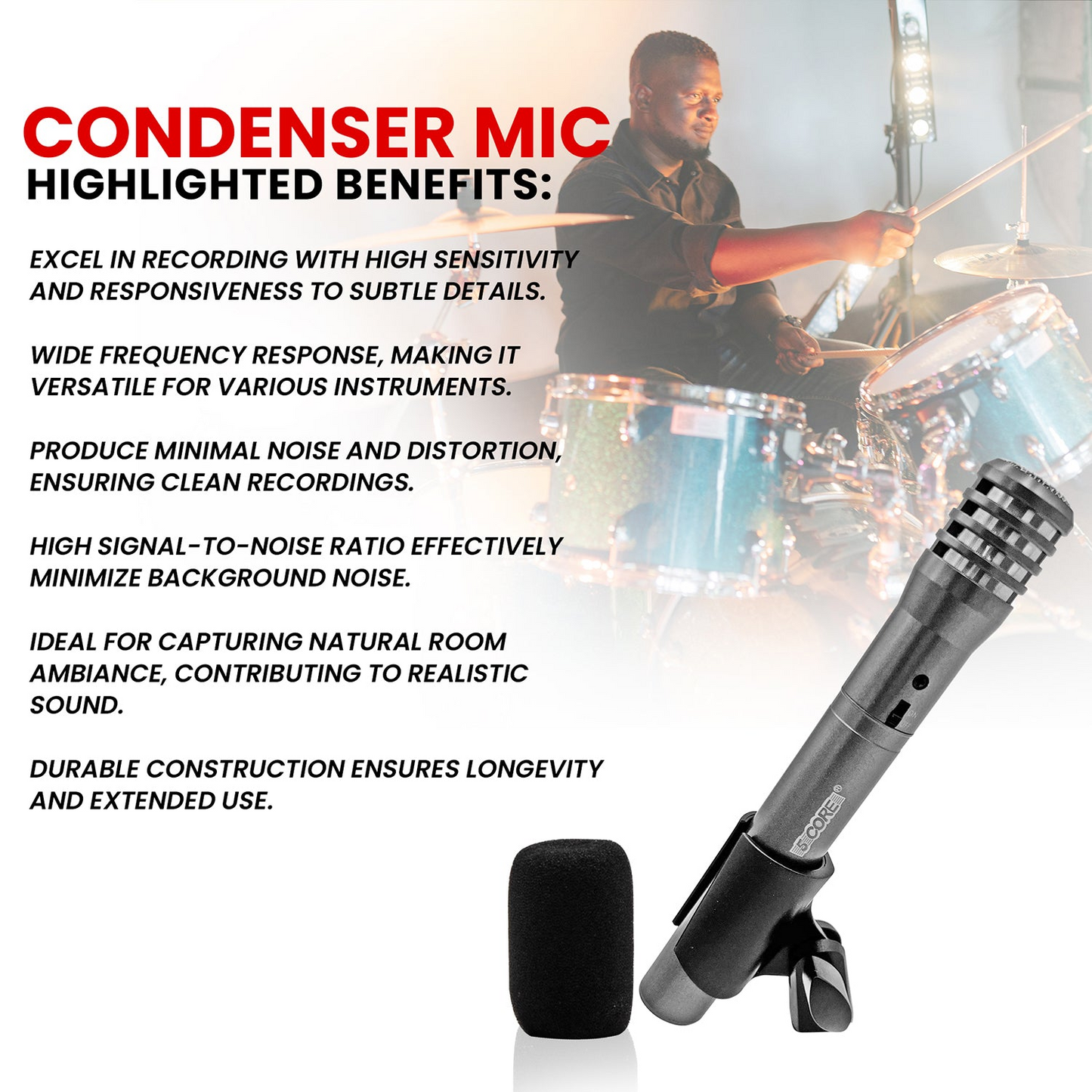 5Core Dynamic Instrument Microphone Professional XLR Cardioid Pencil Stick Condenser Mic