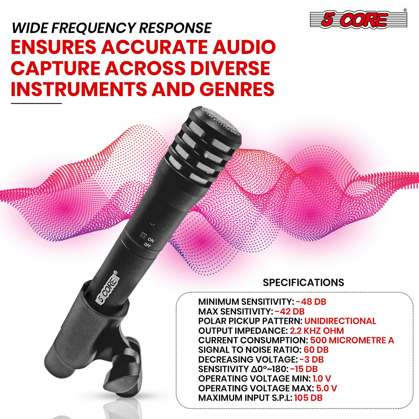 5 Core Dynamic Instrument Microphone Professionell XLR Cardioid Pencil Stick Kondensatormikrofon